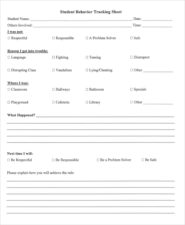 preschool behavior tracking form