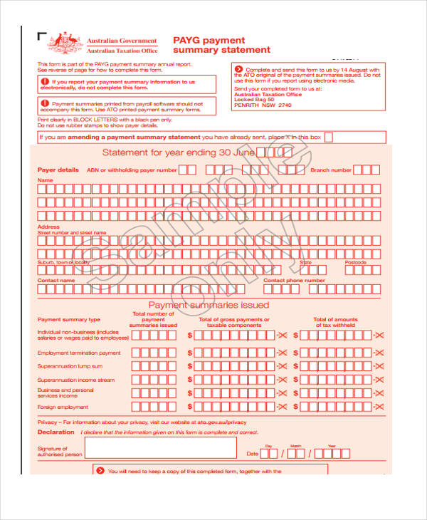 payment summary statement form