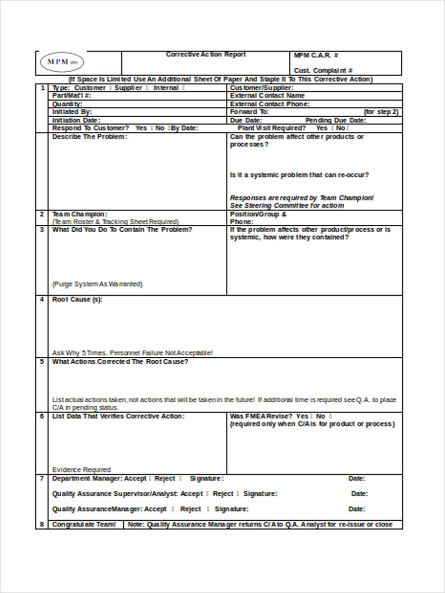 quality corrective action form