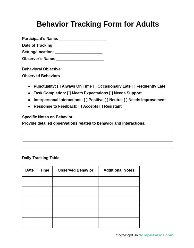 behavior tracking form for adults