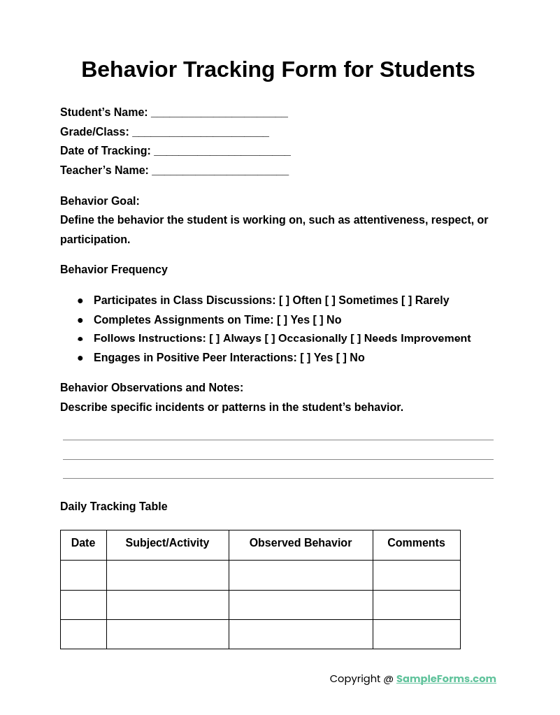 behavior tracking form for students