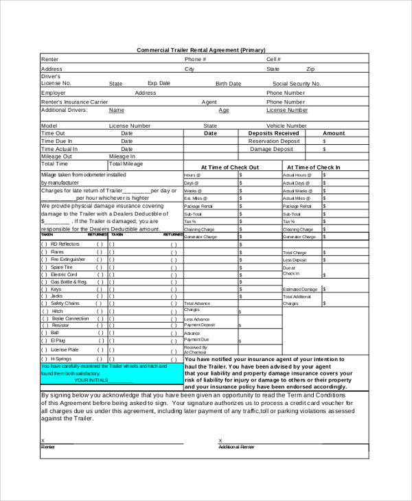 commercial trailer rental agreement