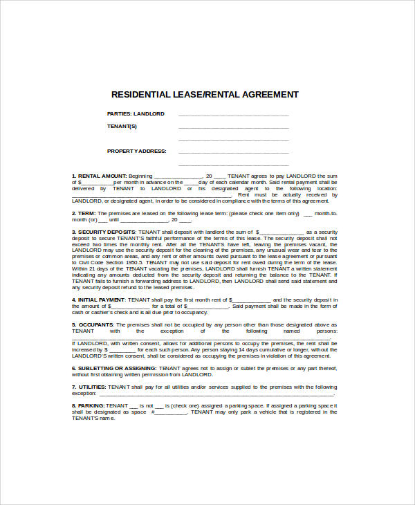 residential rent agreement format in word