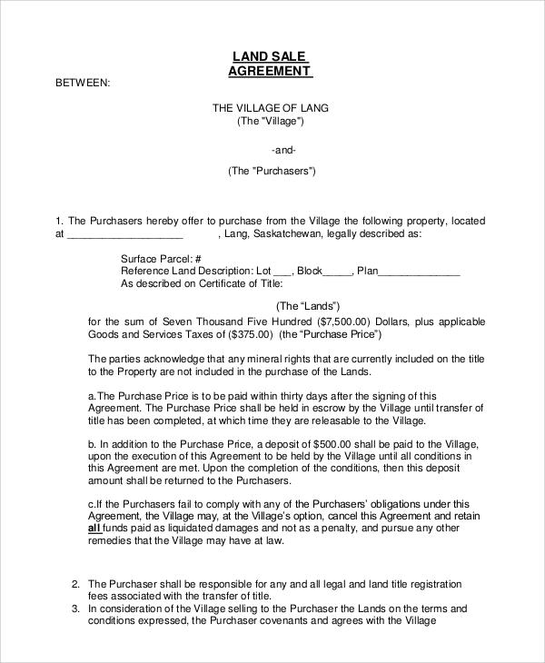 land sale agreement format