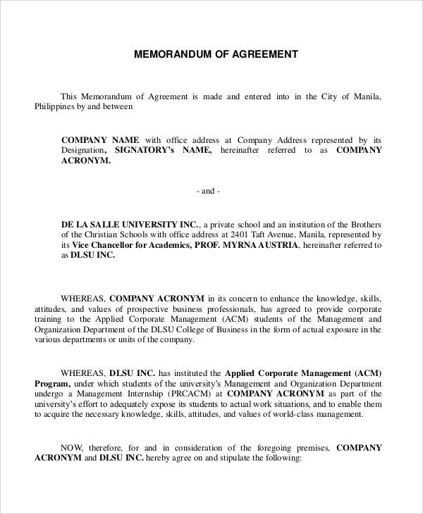 sample memorandum of agreement format