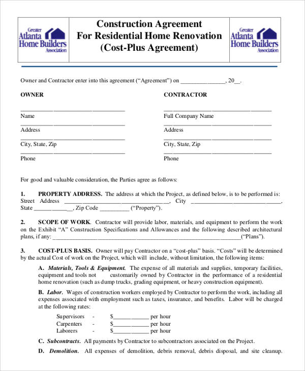 renovation agreement of construction format