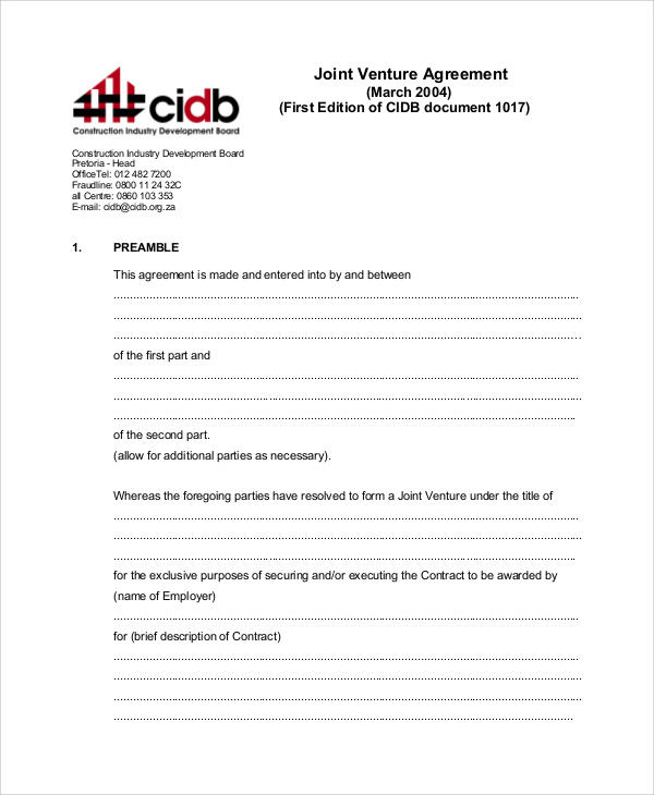 joint venture agreement format pdf