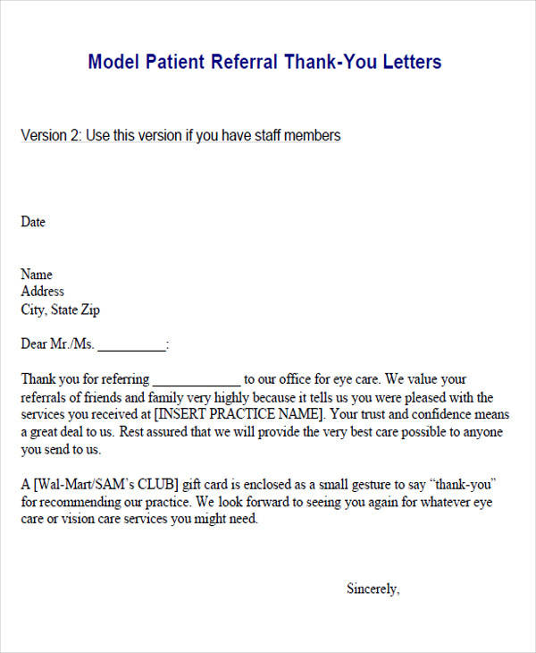 Thank You For Your Referral Letter Sample