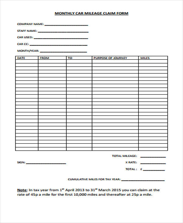 car mileage claim form