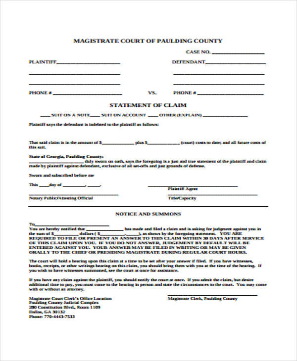 court statement of claim form