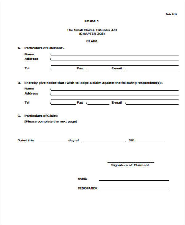 small claim tribunal form