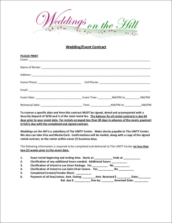 wedding contract template for a wedding on a hill