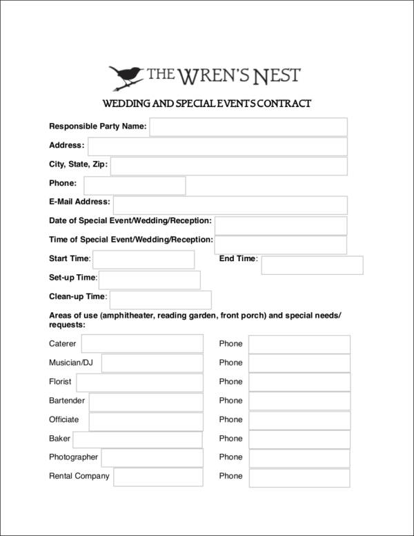 wedding and special events contract template