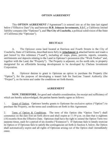 sample option agreement template