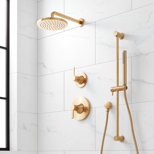 Lentz Pressure Balance Shower System With Slide Bar and Hand Shower in Brushed Gold