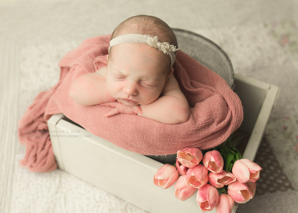 Floral baby in a bucket girl setup