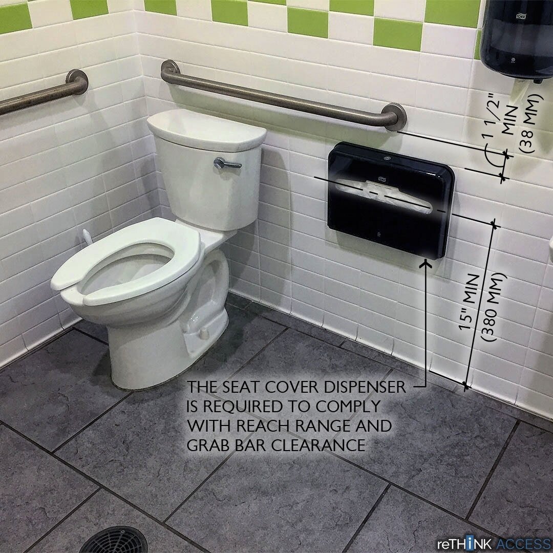 ADA requires that toilet seat cover dispensers in restrooms comply.  This is a great location for it.  It complies with reach range and grab bar clearance (308.1 Reach Range and 609.3 Spacing).⁠
-⁠
-⁠
-⁠
#accessiseverywhere #accessibility #ada #archi