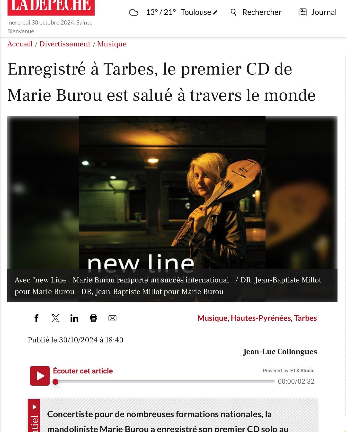 On parle de new line dans la presse, merci &agrave; Jean-Luc Collongues pour l&rsquo;article et &agrave; @ladepechedumidi ! 
Le CD est toujours disponible lien en bio.

We&rsquo;re talking about new line in the press, thanks to Jean-Luc Collongues fo