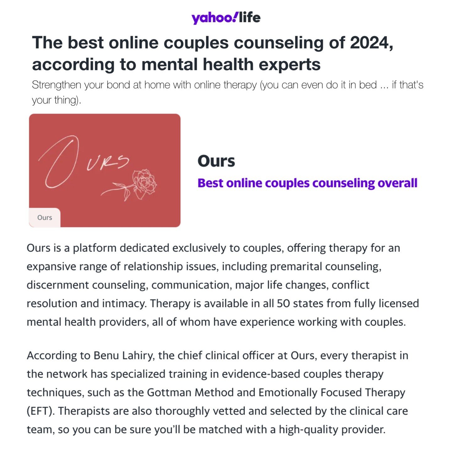 Relationship wellness is paramount and we're thrilled to see @ours.wellness crowned Best Overall Online Couples Counseling in @yahoolifestyle