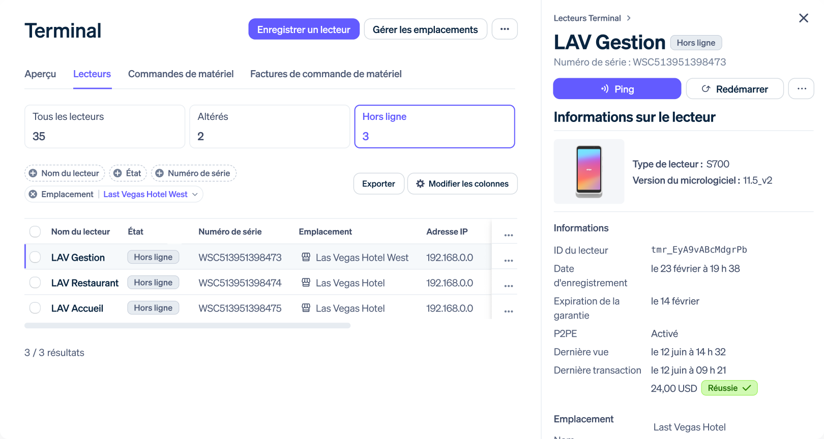 Capture d'écran du Dashboard Stripe montrant la gestion des appareils par emplacement