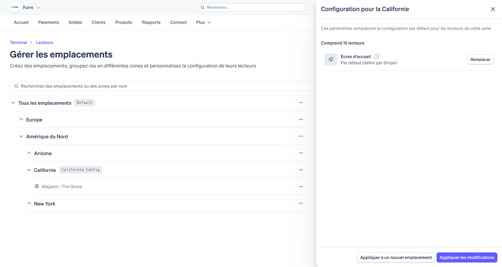 Capture d'écran du Dashboard Stripe montrant la gestion des appareils par emplacement