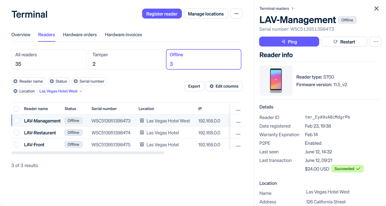 Screenshot of a Stripe dashboard showing the management of devices by location