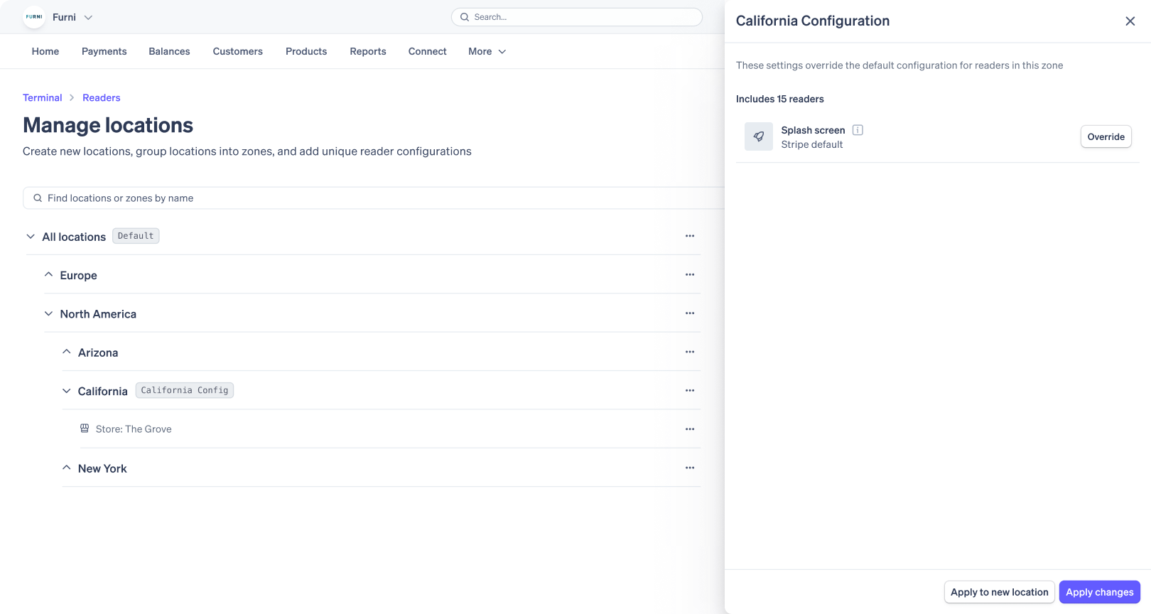 Screenshot of a Stripe dashboard showing the management of devices by location