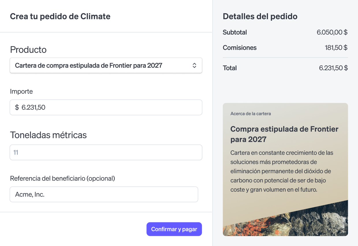 Climate Orders dashboard create panel