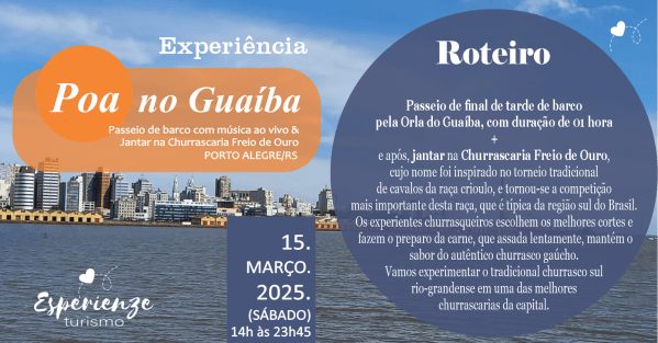 Banner PASSEIO DE BARCO NO GUAÍBA  - 15 MAR 2025 - 14h às 23h45 - SAÍDA DE CAXIAS DO SUL/RS