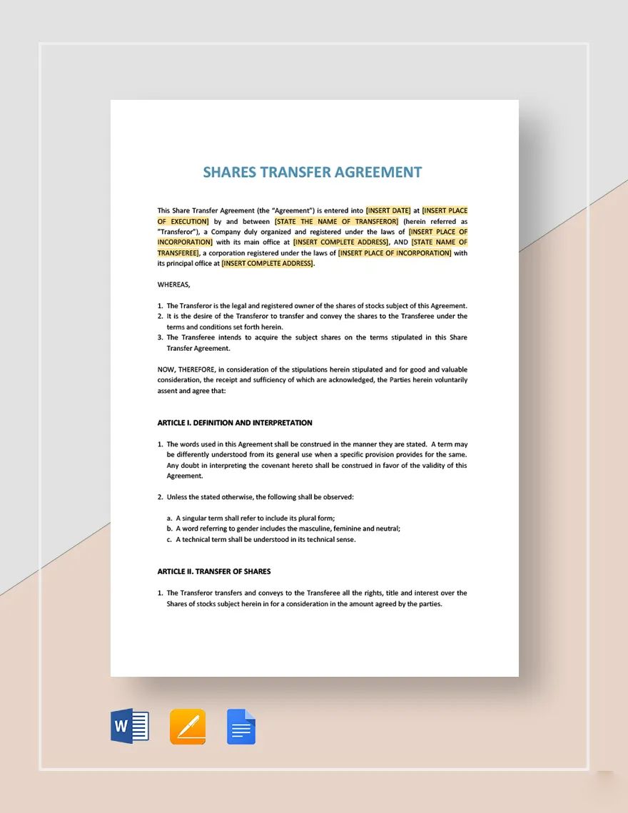 Shares Transfer Agreement Short Template in Pages, Word, Google Docs - Download | Template.net