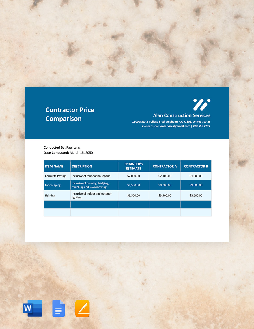 Contractor Price Comparison Template