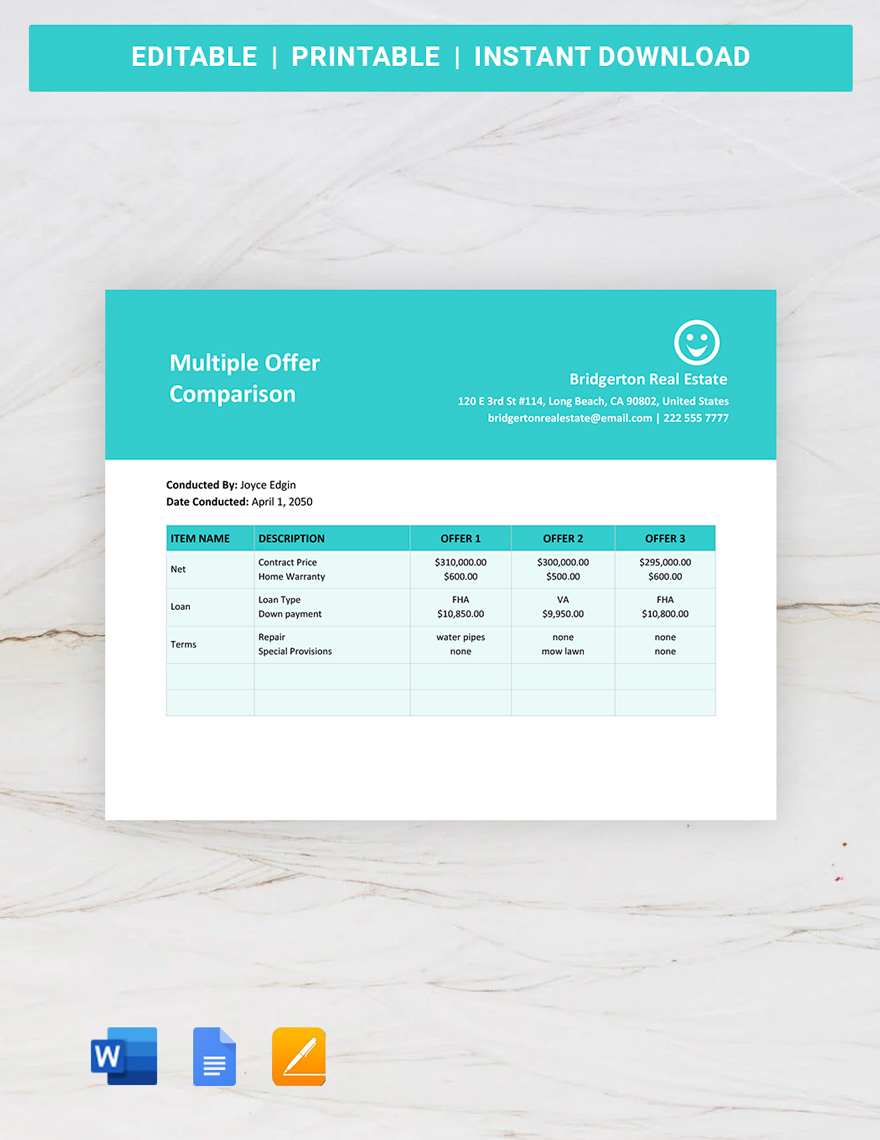 Multiple Offer Comparison Template