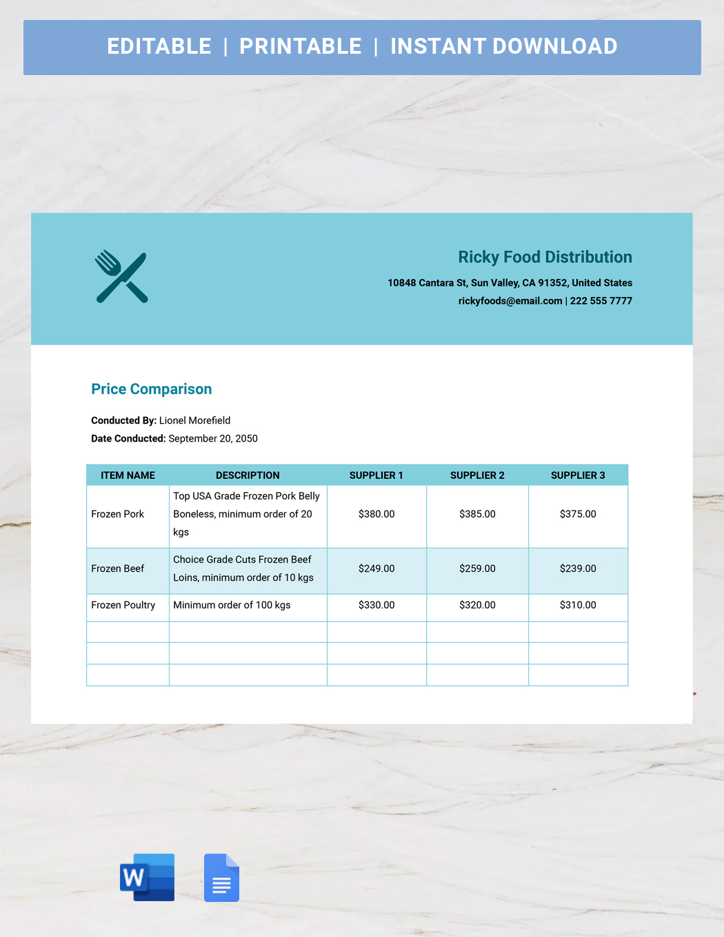 Supplier Comparison Template