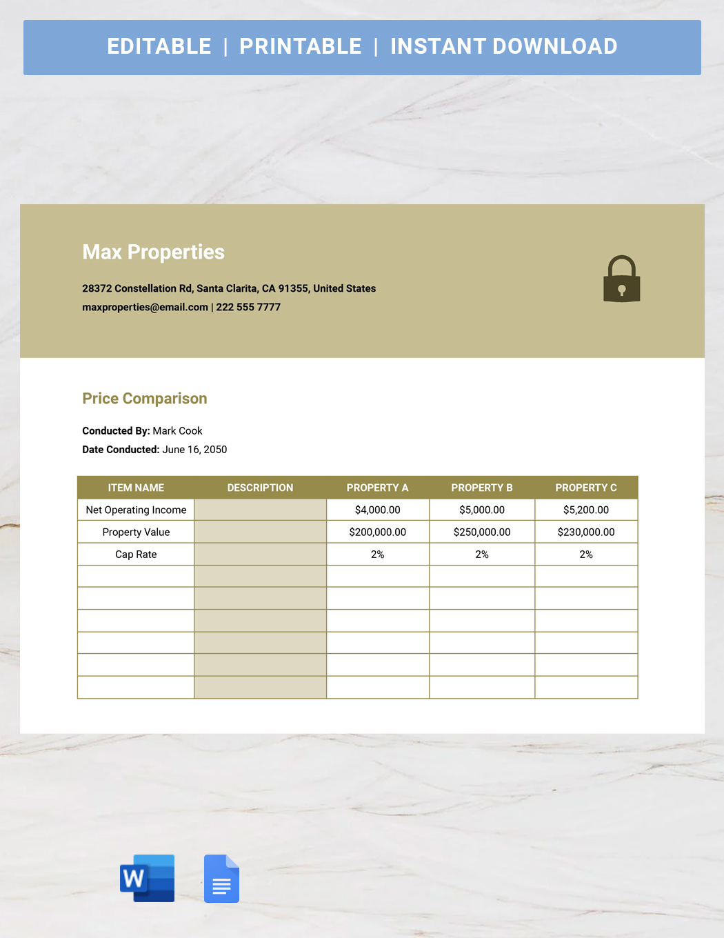 Rental Property Roi And Cap Rate Comparison Template