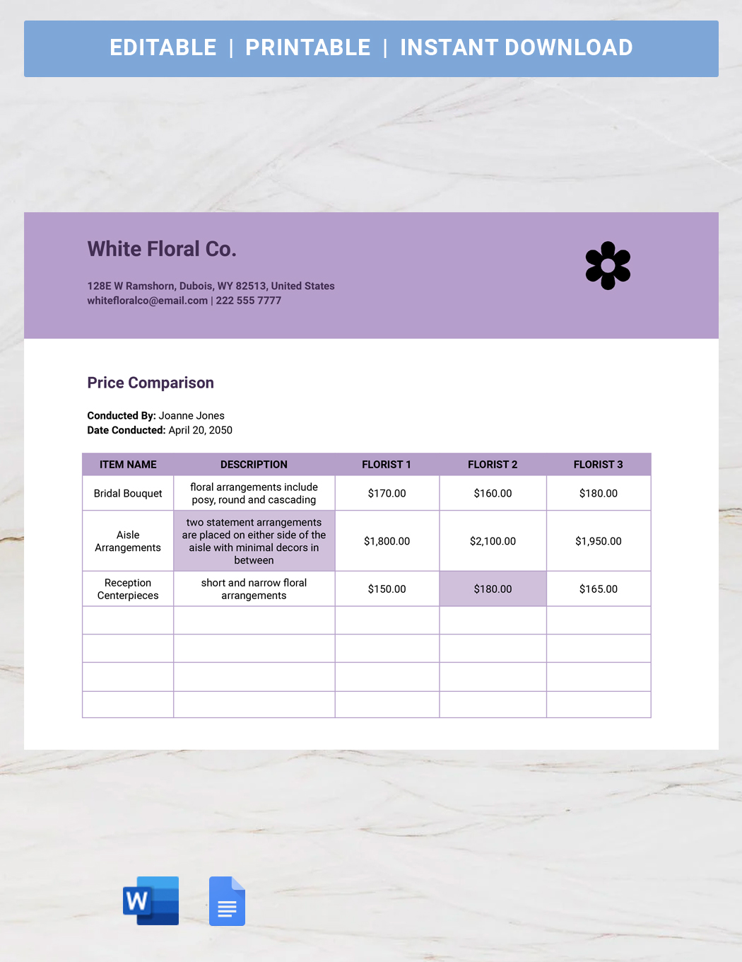 Wedding Florist Comparison Template