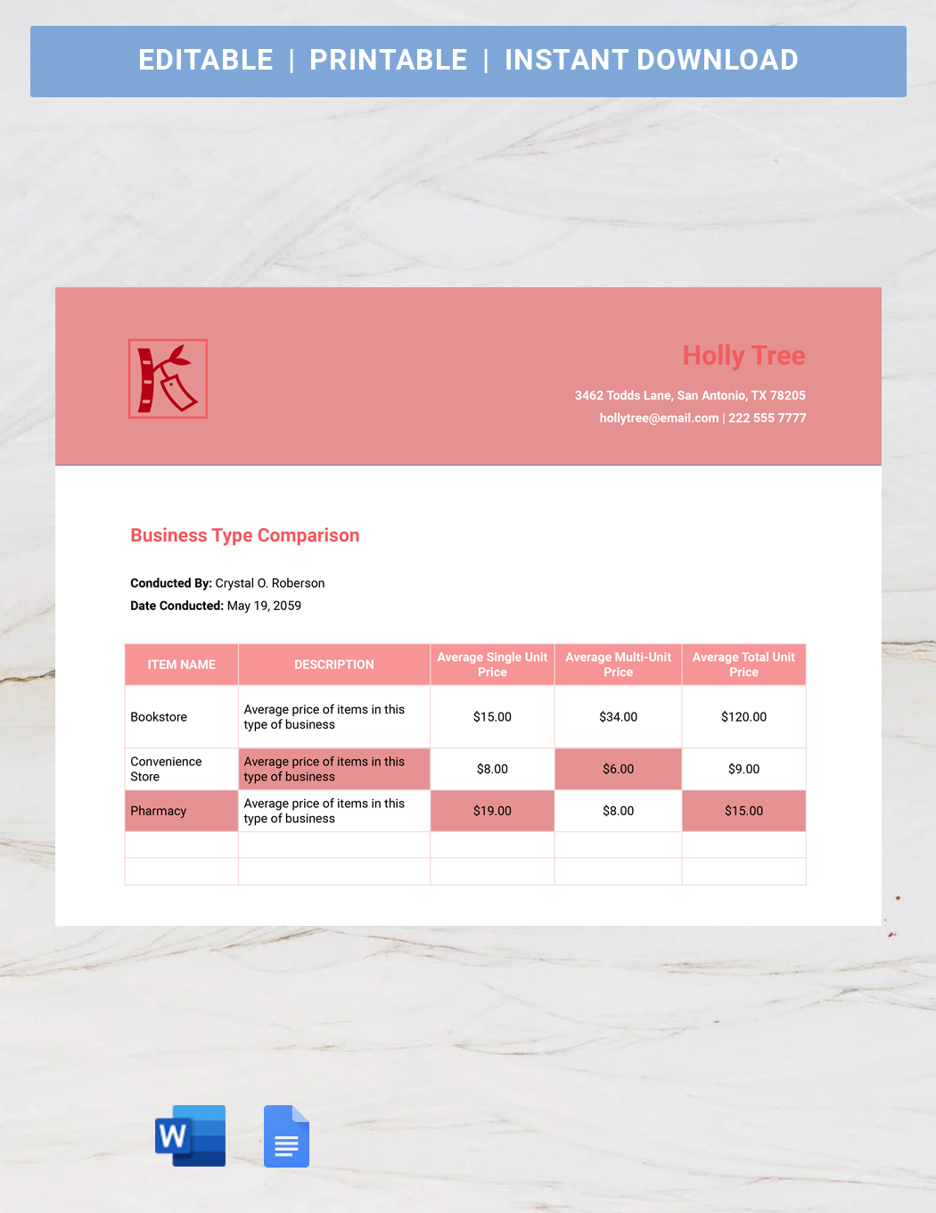 Business Type Comparison Template