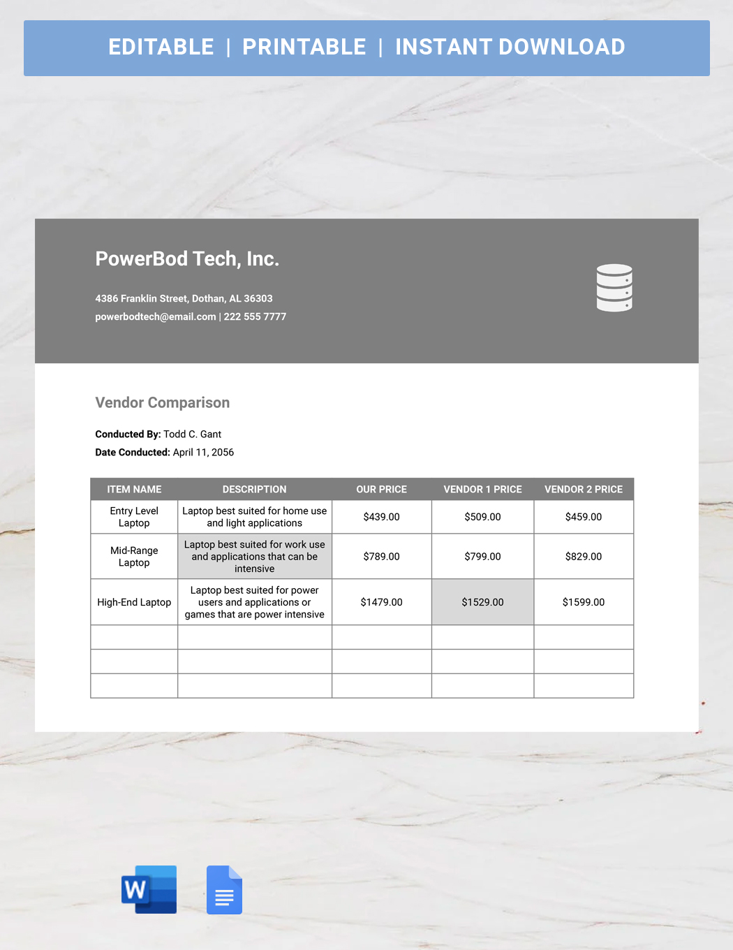 Vendor Comparison Template in Word, Google Docs, Apple Pages