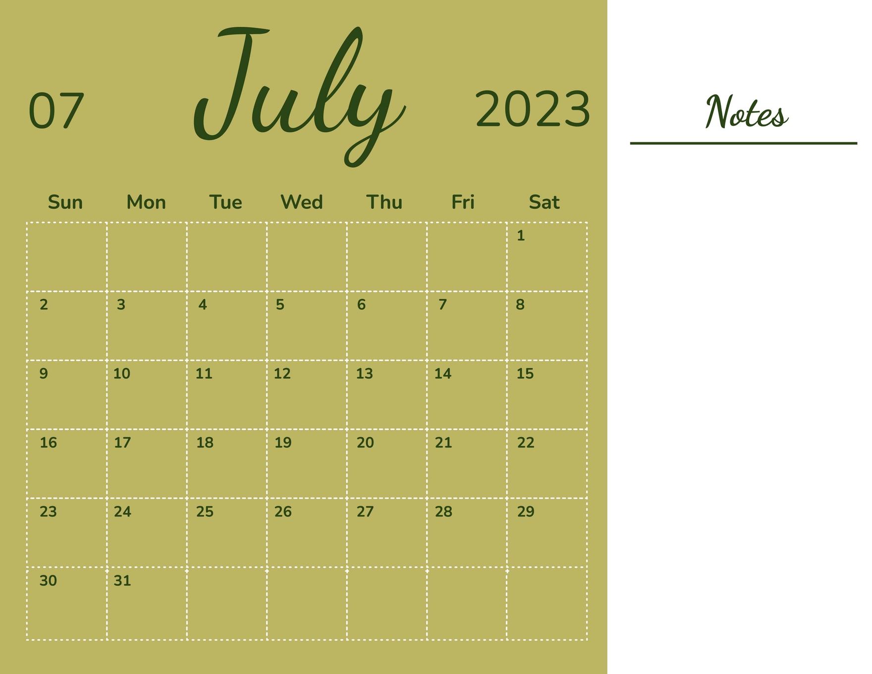 Blank July 2023 Calendar Template