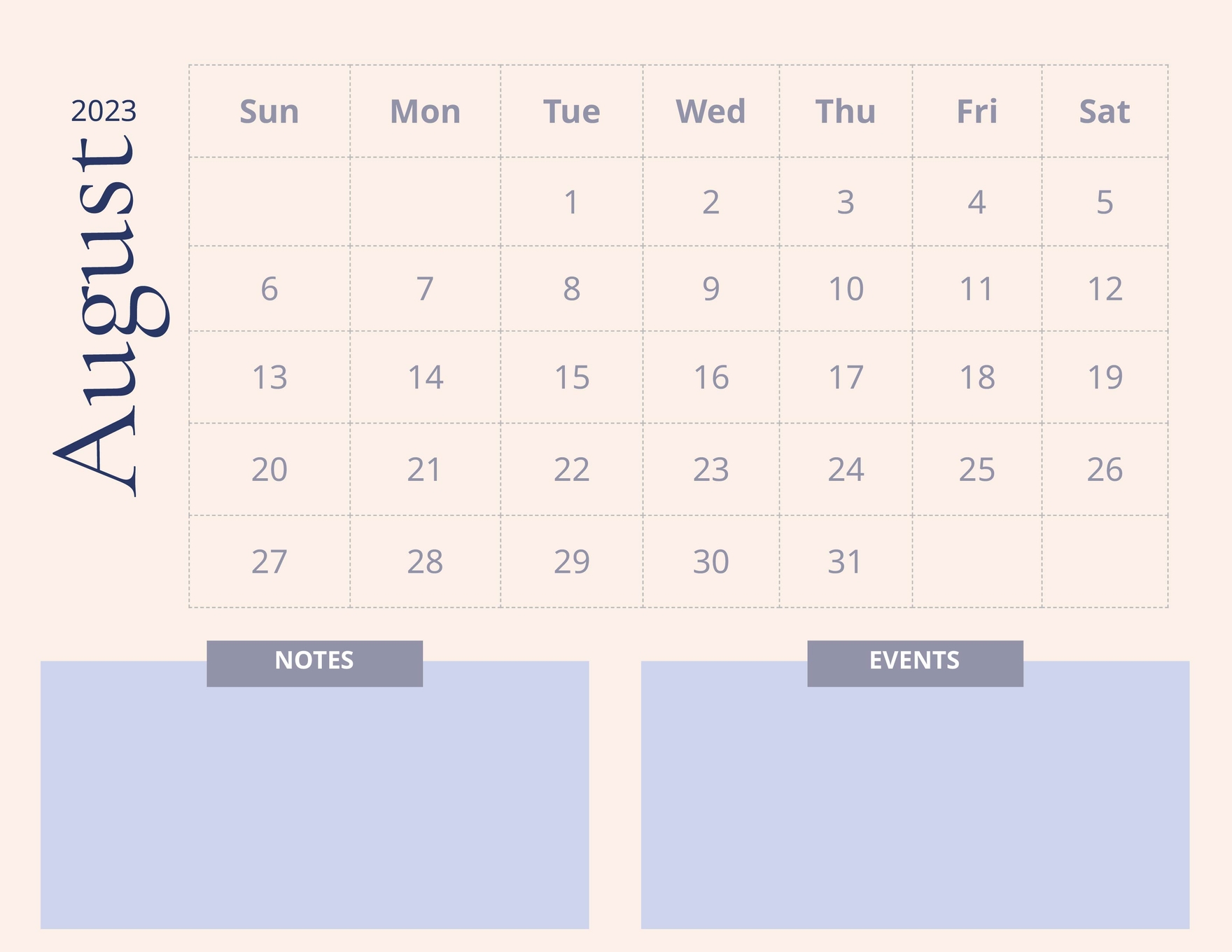 Blank August 2023 Calendar Template