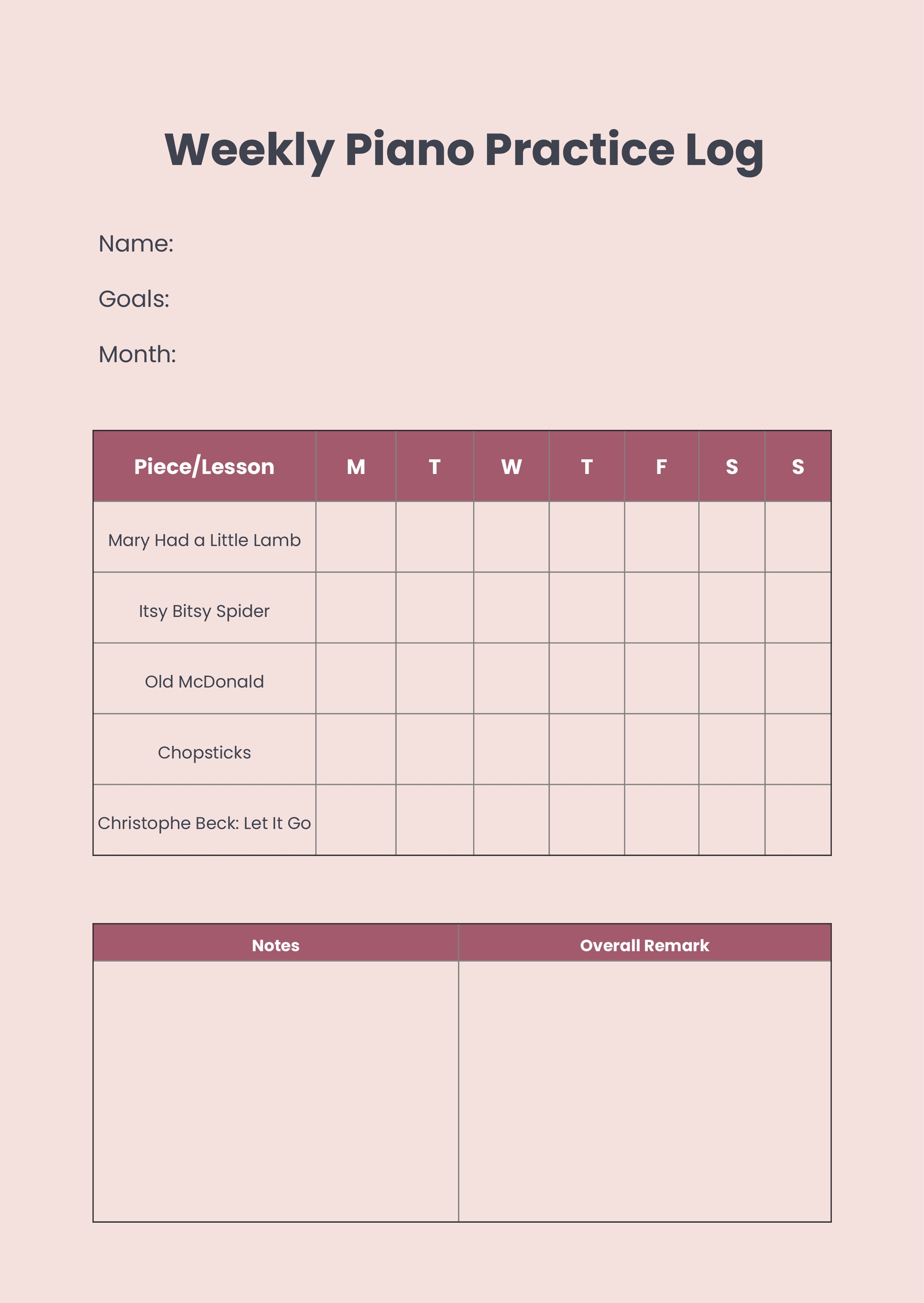 Practice Chart For Piano