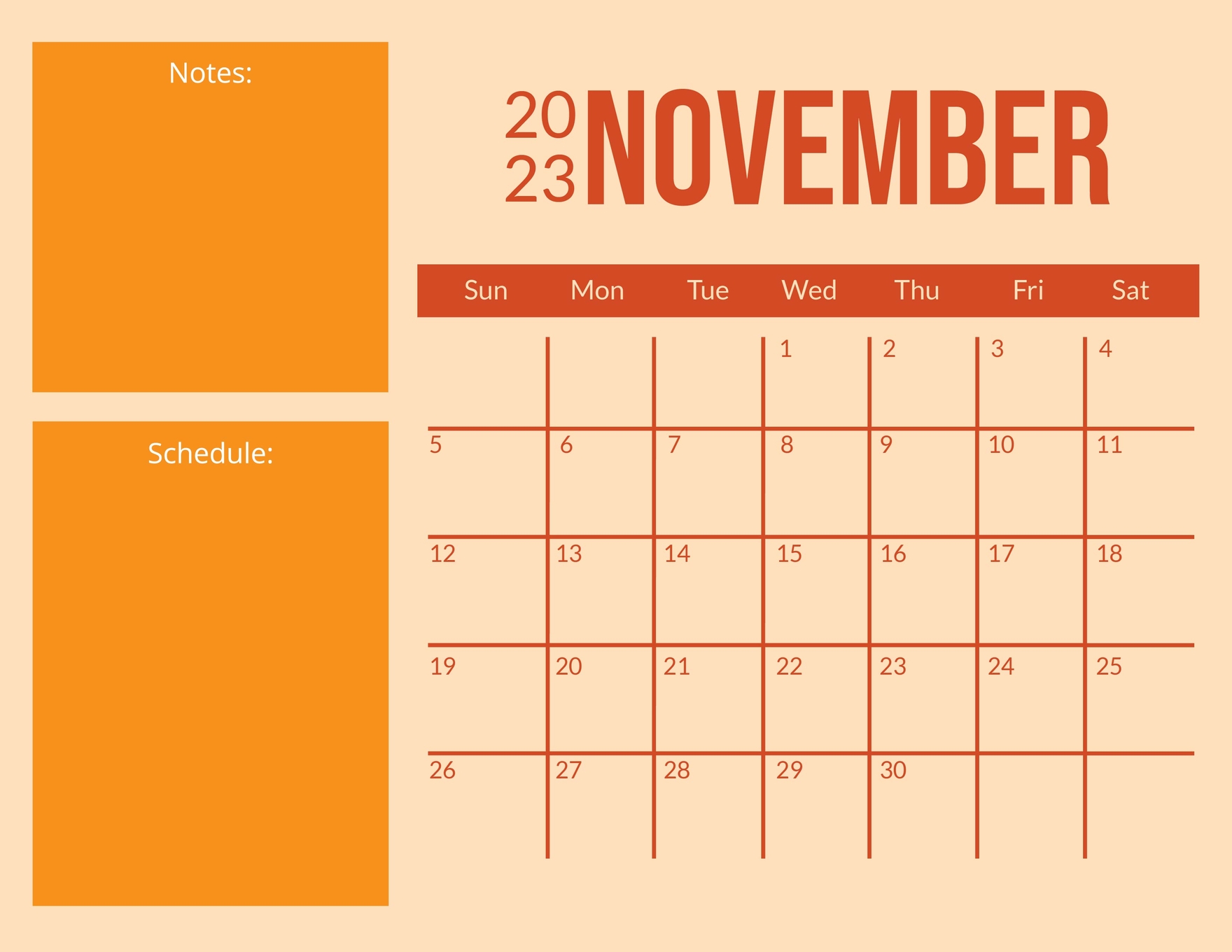 Blank November 2023 Calendar Template