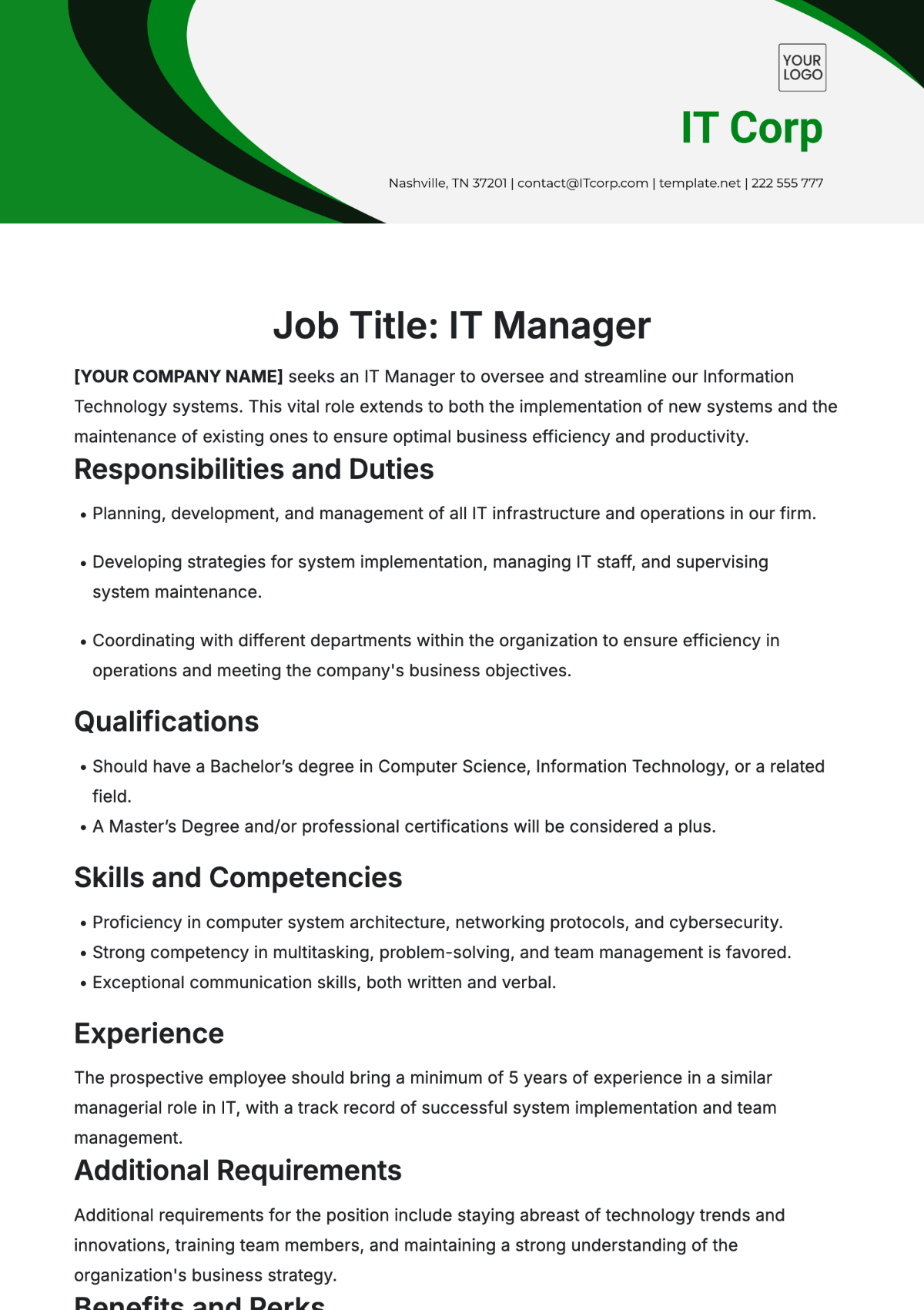 Sample IT Manager Job Description Template - Edit Online & Download