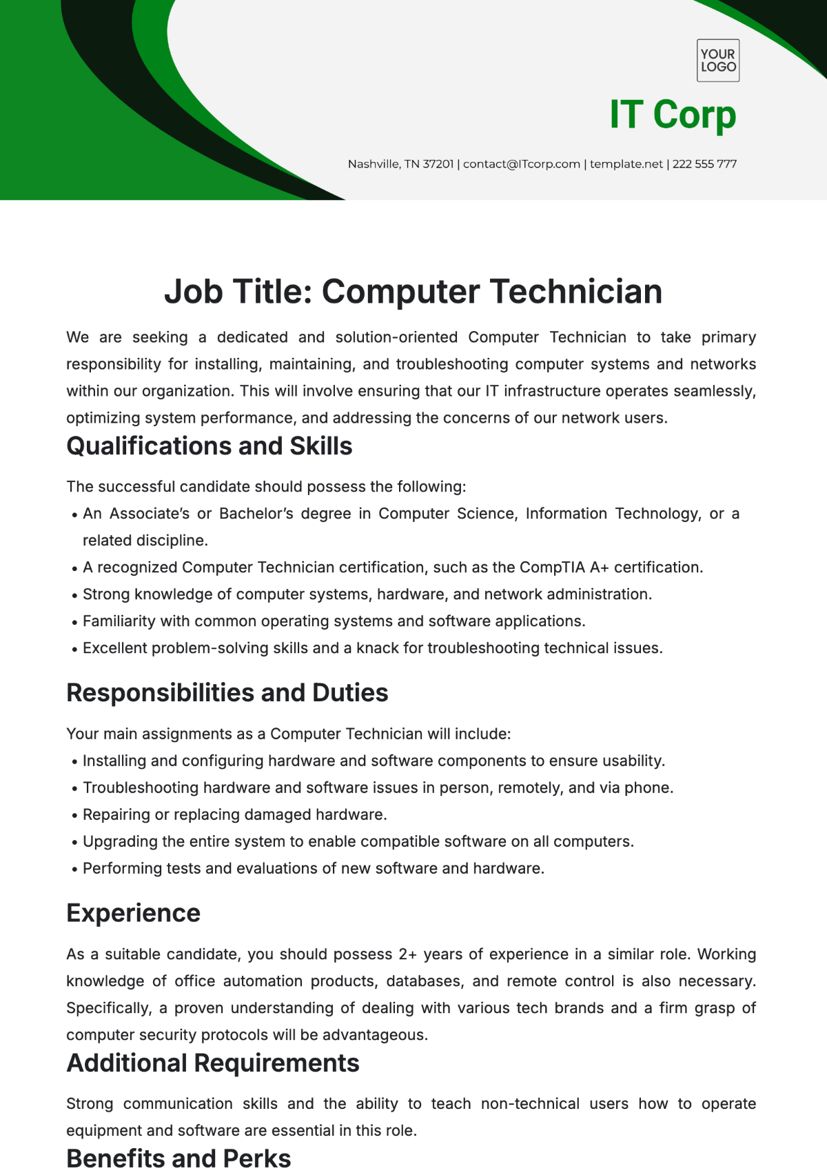 Computer Technician Job Description Template - Edit Online & Download