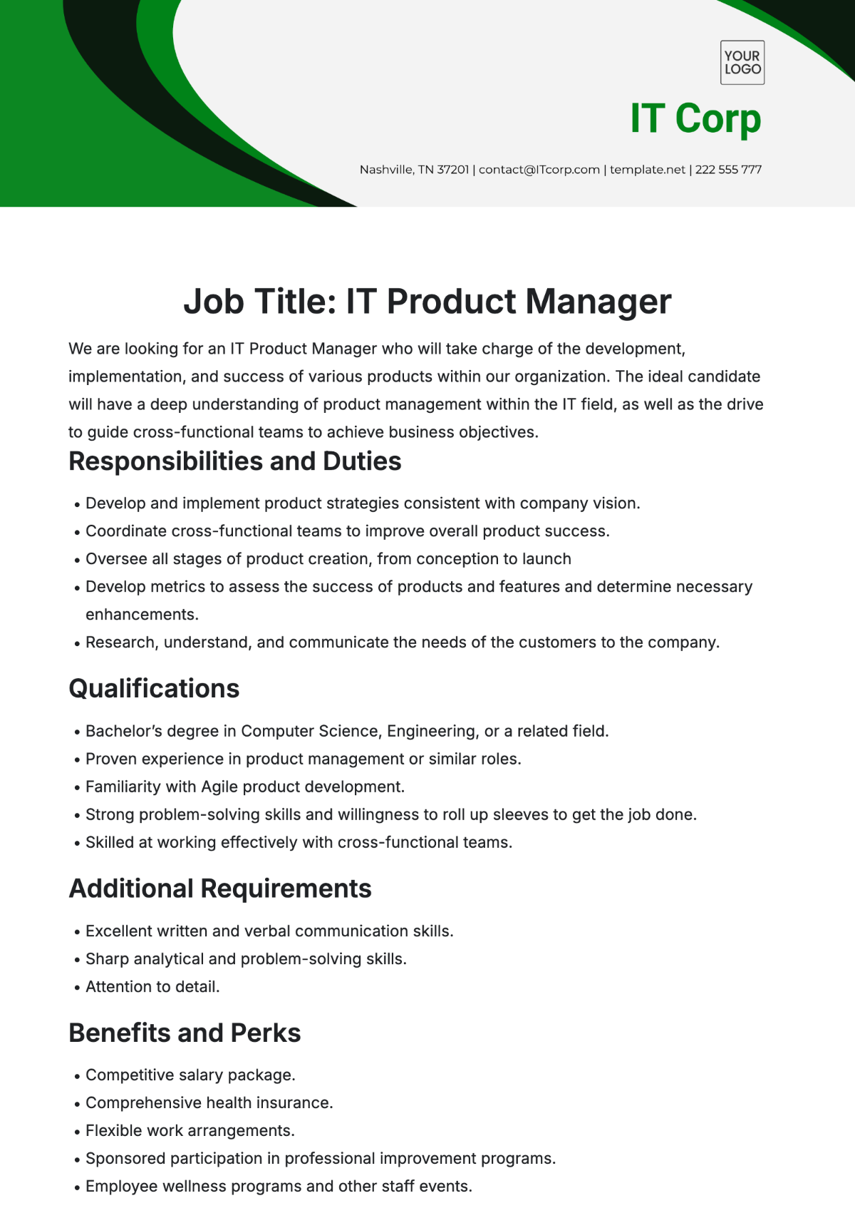 IT Product Manager Job Description Template - Edit Online & Download