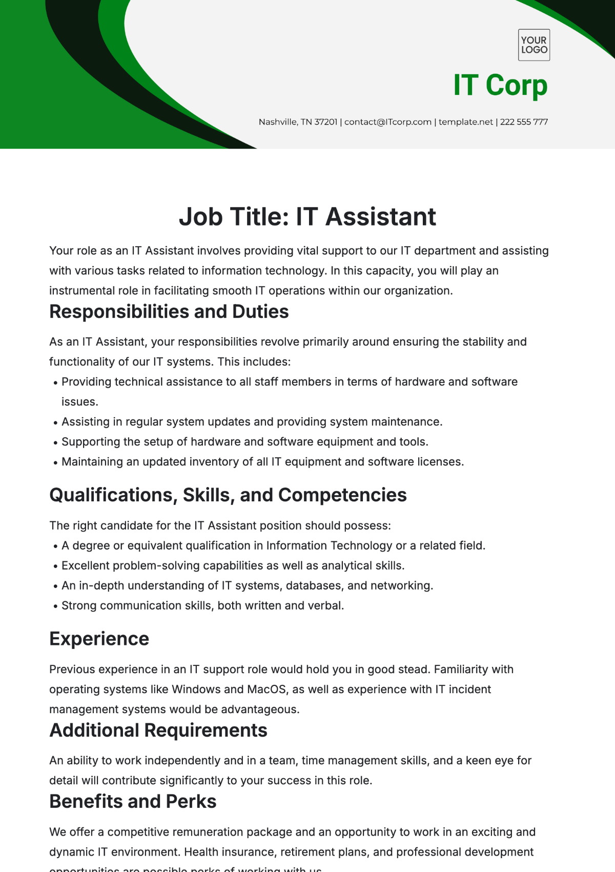 IT Assistant Job Description Template - Edit Online & Download