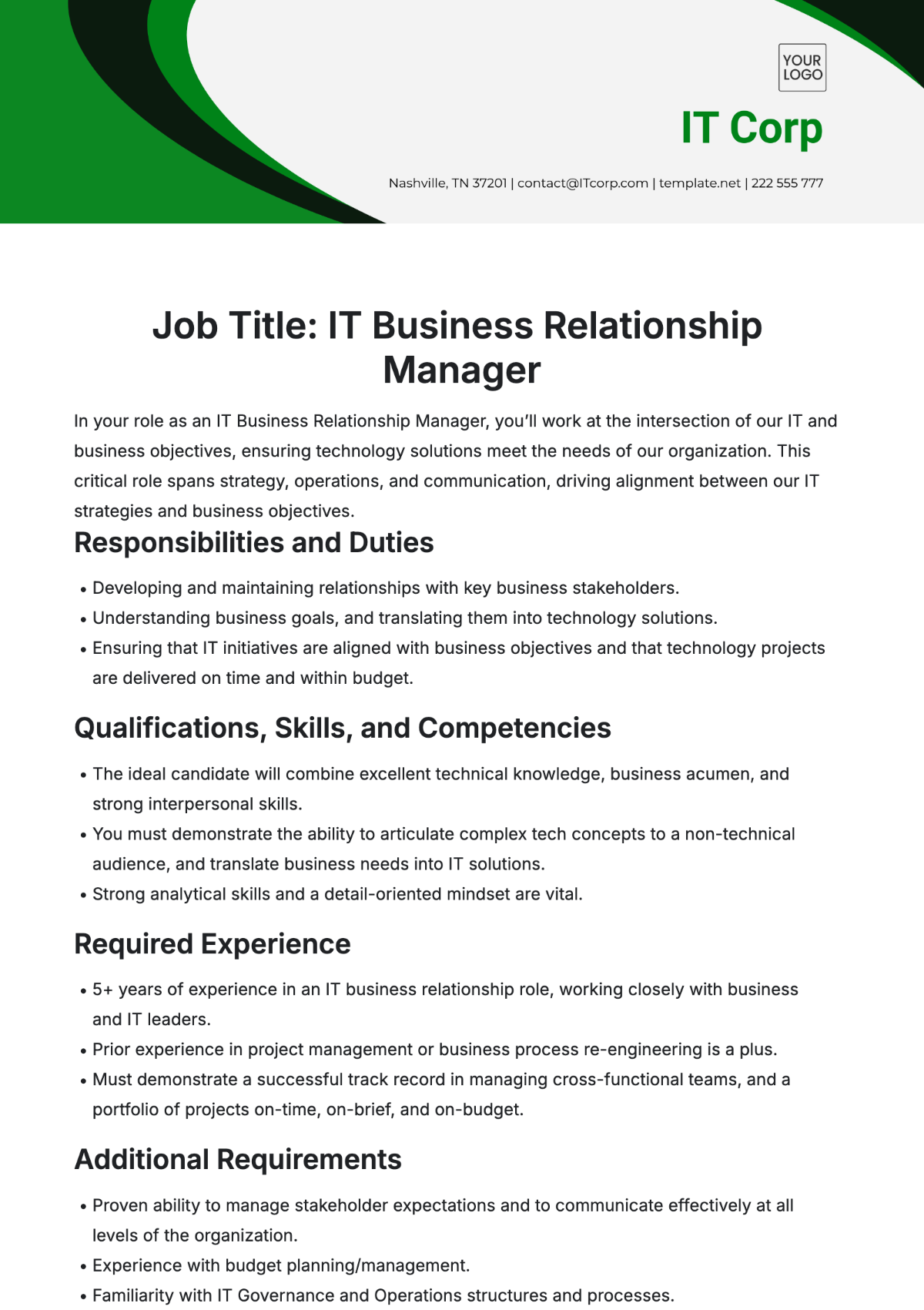 IT Business Relationship Manager Job Description Template - Edit Online & Download