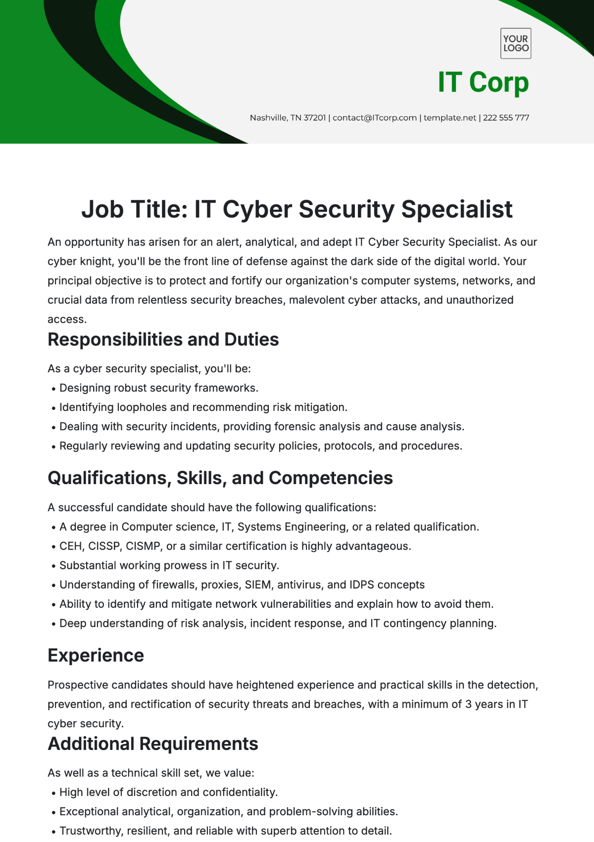 IT Cyber Security Job Description Template - Edit Online & Download