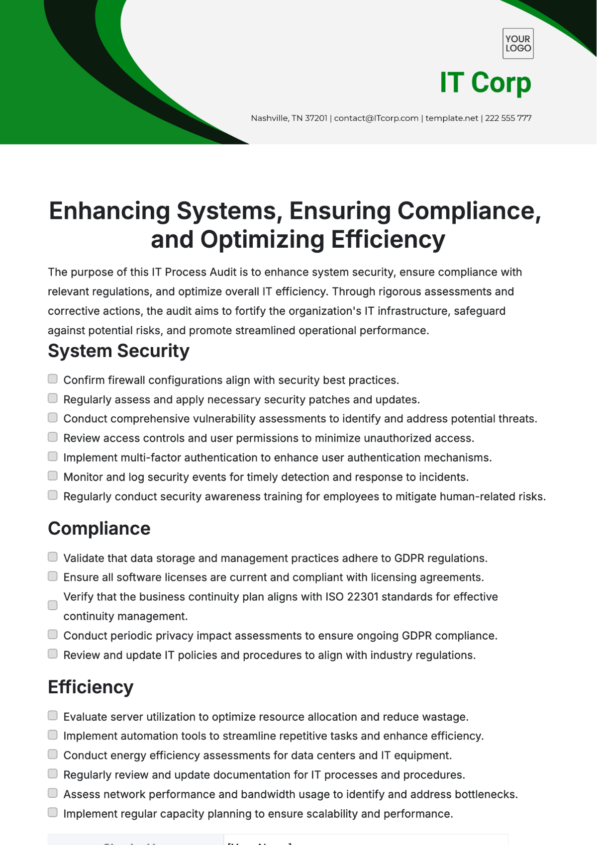 IT Process Audit Checklist Template - Edit Online & Download