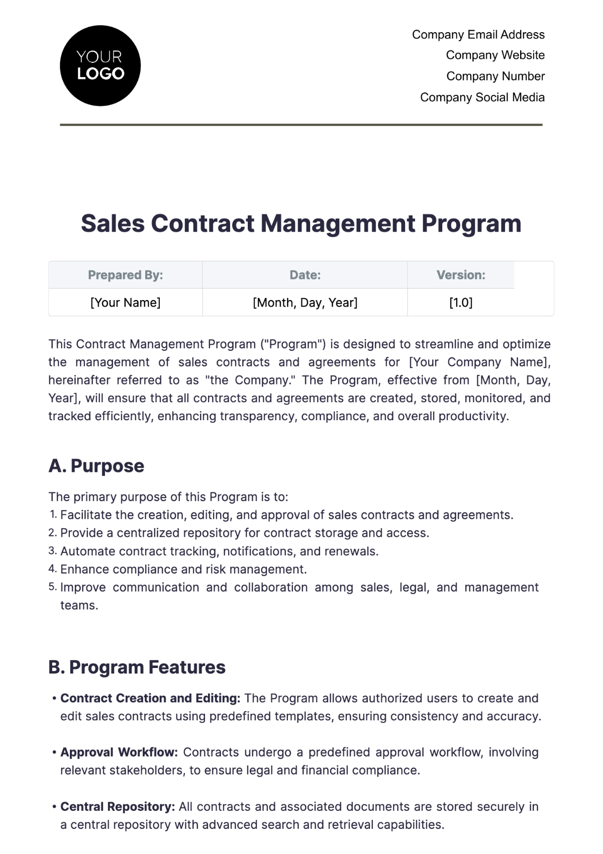 Free Sales Contract Management Program Template