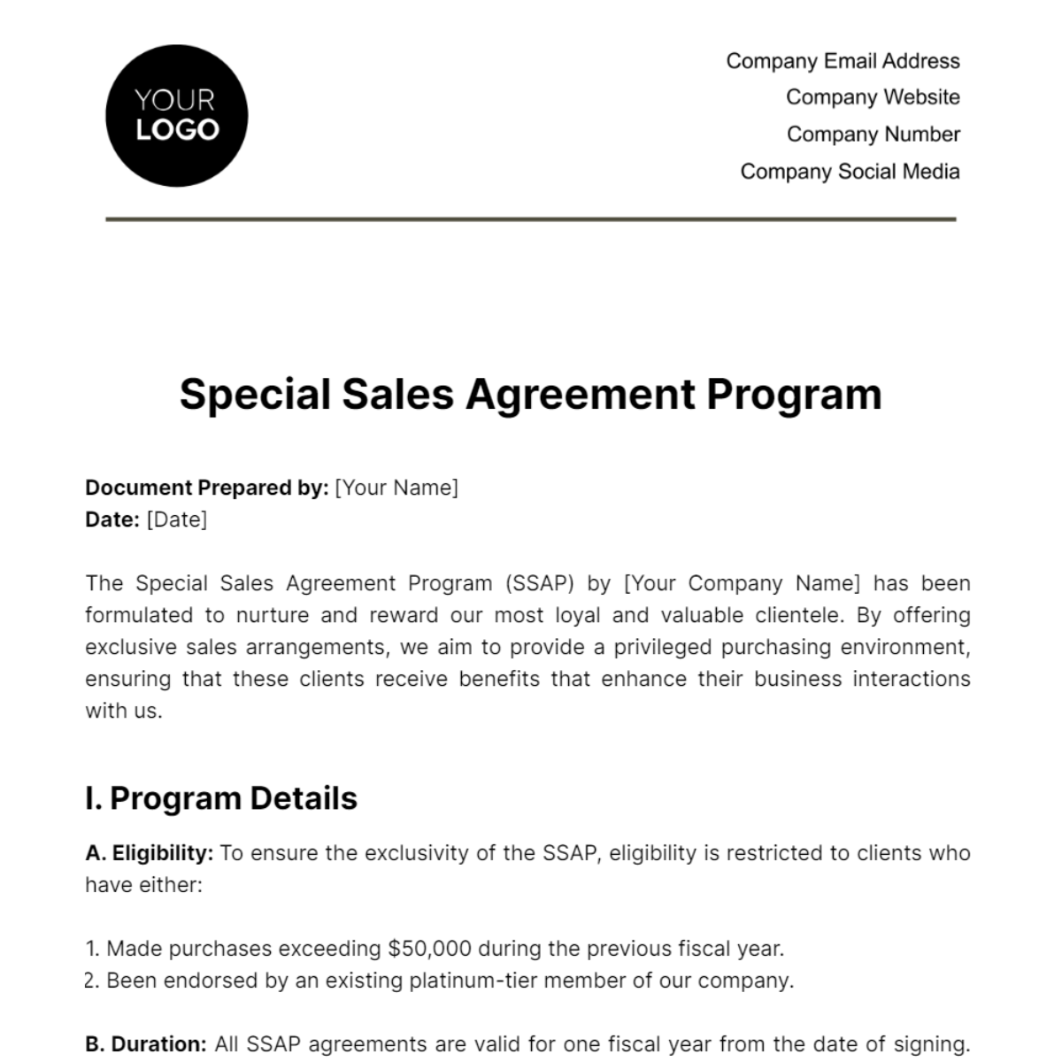 Free Special Sales Agreement Program Template